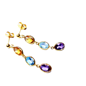 9ct Yellow gold amethyst, citrine, sky topaz earrings