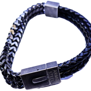 Double flat steel leather bracelet
